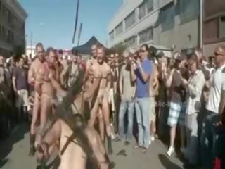 Public Plaza With Stripped Men Prepared For Wild Coarse Violent Gay Group dirty video show